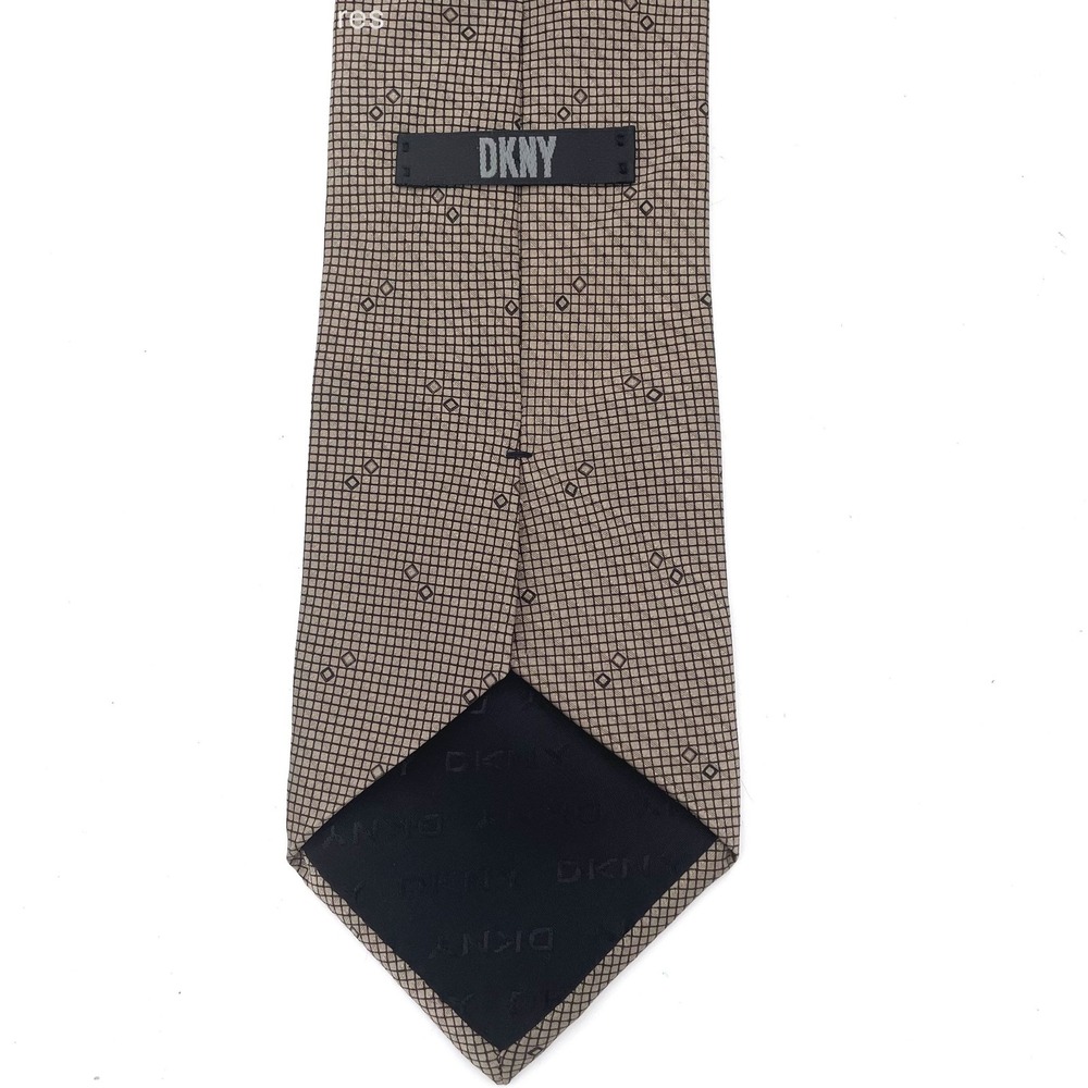 VTG DKNY 100% Silk Classic Minimalist Taupe Black Plaid Tie Mens Prep Y2k OS
